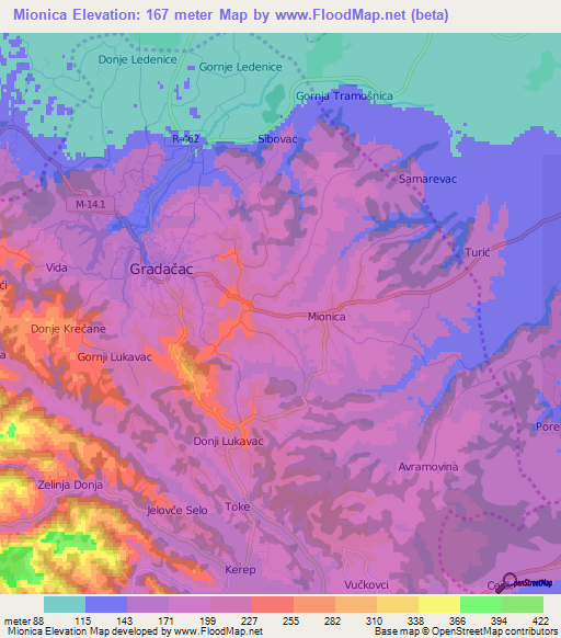 Mionica,Bosnia and Herzegovina Elevation Map