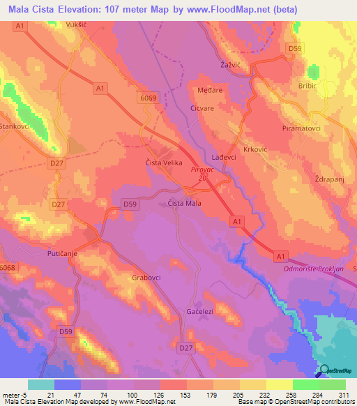 Mala Cista,Croatia Elevation Map