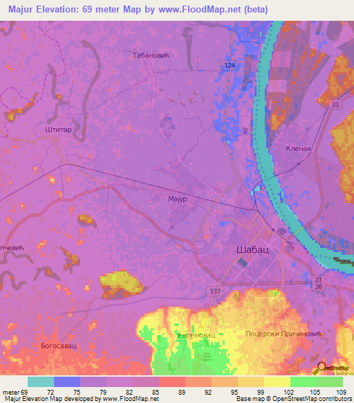 Majur,Serbia Elevation Map