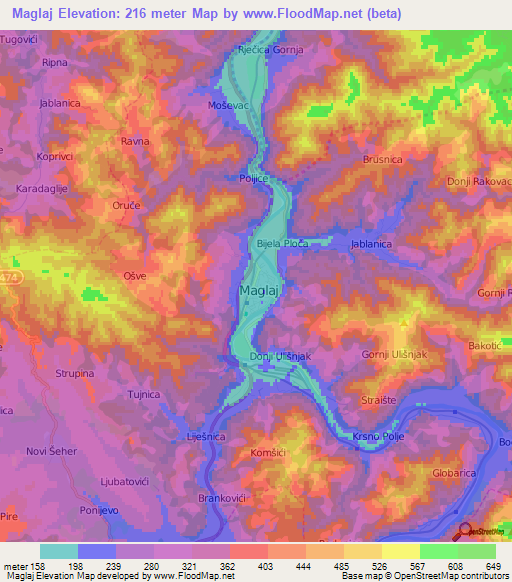 Maglaj,Bosnia and Herzegovina Elevation Map
