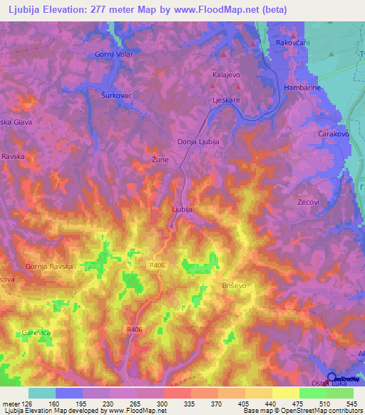 Ljubija,Bosnia and Herzegovina Elevation Map