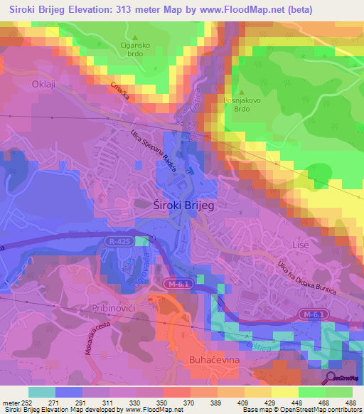 Siroki Brijeg,Bosnia and Herzegovina Elevation Map