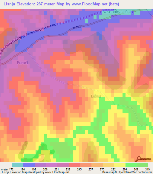 Lisnja,Bosnia and Herzegovina Elevation Map