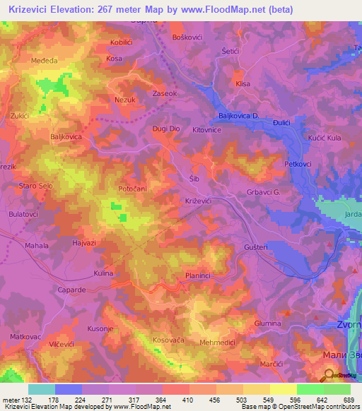 Krizevici,Bosnia and Herzegovina Elevation Map
