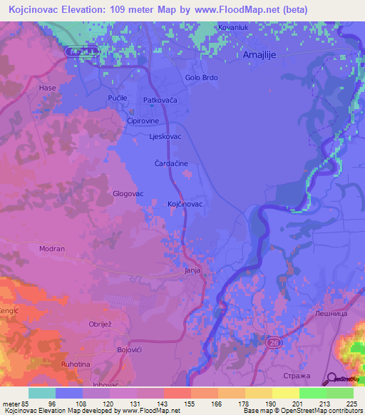 Kojcinovac,Bosnia and Herzegovina Elevation Map