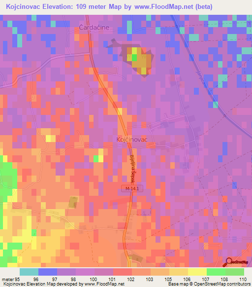 Kojcinovac,Bosnia and Herzegovina Elevation Map