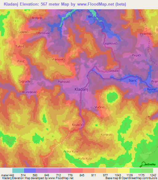 Kladanj,Bosnia and Herzegovina Elevation Map