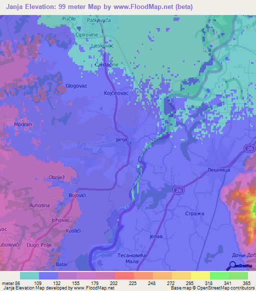 Janja,Bosnia and Herzegovina Elevation Map