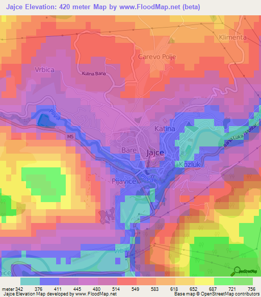 Jajce,Bosnia and Herzegovina Elevation Map