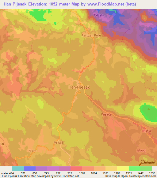 Han Pijesak,Bosnia and Herzegovina Elevation Map