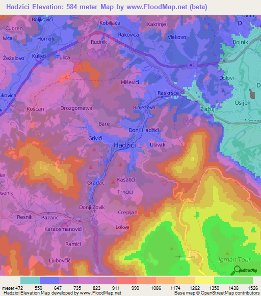 Hadzici,Bosnia and Herzegovina Elevation Map