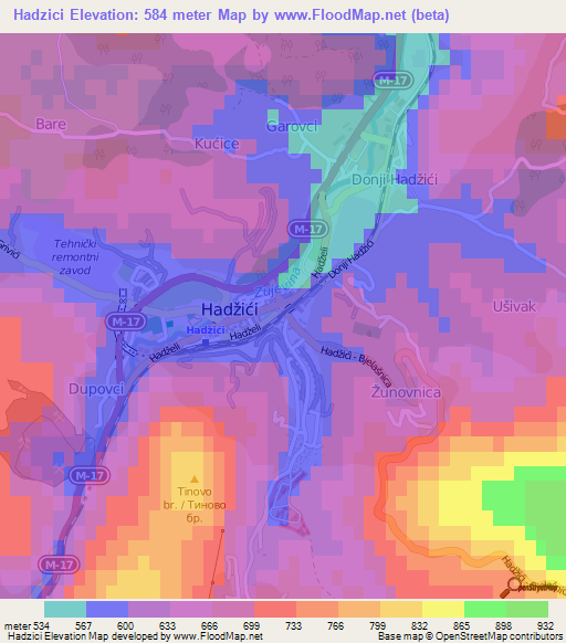 Hadzici,Bosnia and Herzegovina Elevation Map