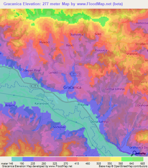 Gracanica,Bosnia and Herzegovina Elevation Map