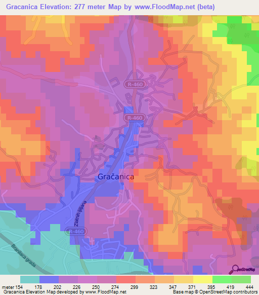 Gracanica,Bosnia and Herzegovina Elevation Map