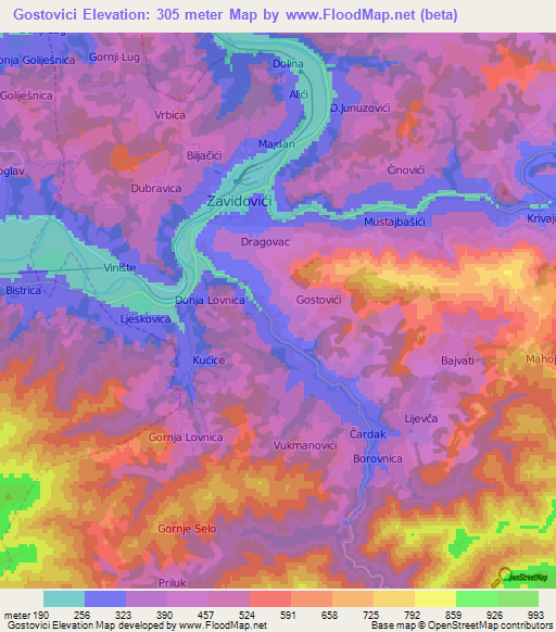 Gostovici,Bosnia and Herzegovina Elevation Map