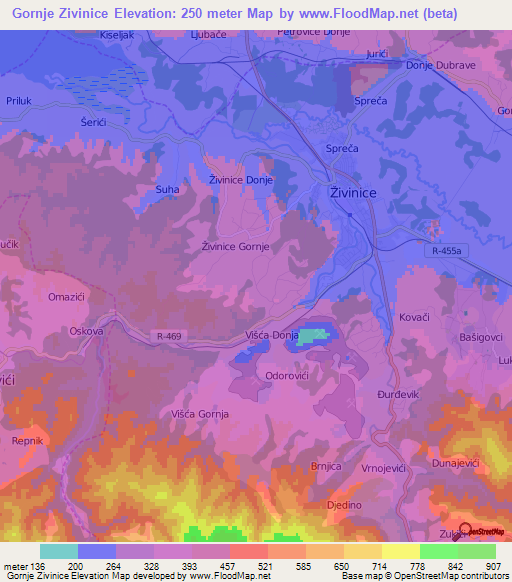 Gornje Zivinice,Bosnia and Herzegovina Elevation Map