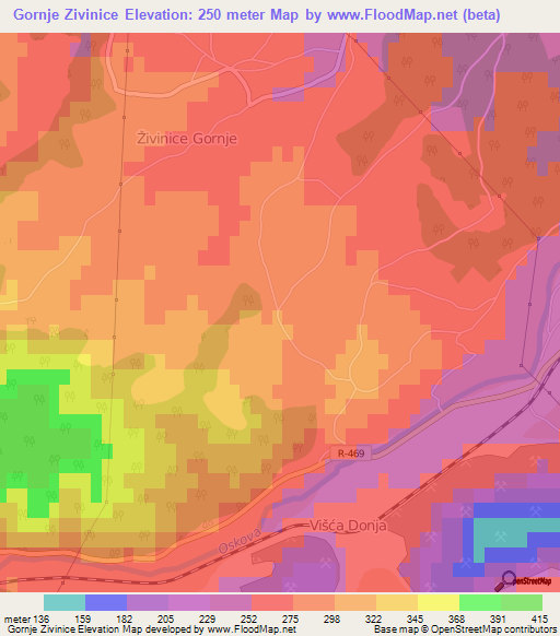 Gornje Zivinice,Bosnia and Herzegovina Elevation Map