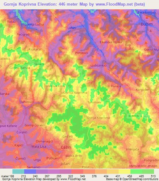 Gornja Koprivna,Bosnia and Herzegovina Elevation Map