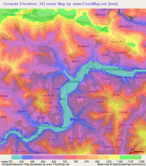 Gorazde,Bosnia and Herzegovina Elevation Map