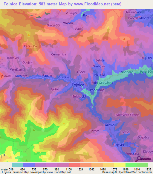 Fojnica,Bosnia and Herzegovina Elevation Map