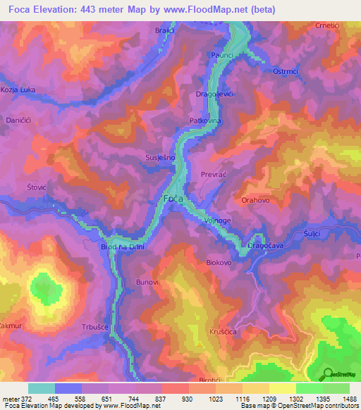 Foca,Bosnia and Herzegovina Elevation Map