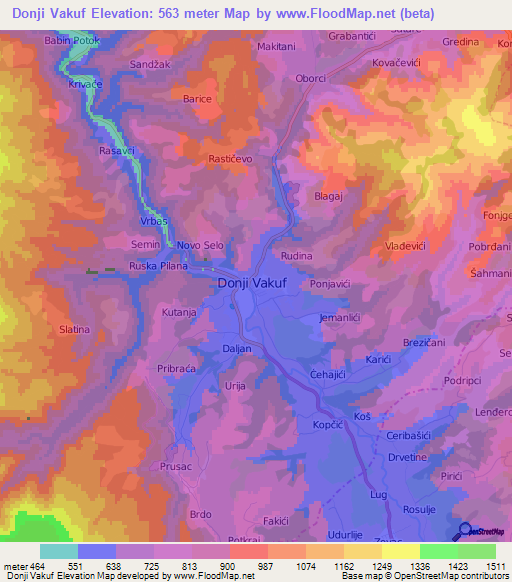 Donji Vakuf,Bosnia and Herzegovina Elevation Map