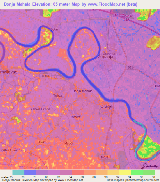 Donja Mahala,Bosnia and Herzegovina Elevation Map