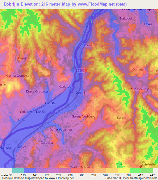 Dobrljin,Bosnia and Herzegovina Elevation Map