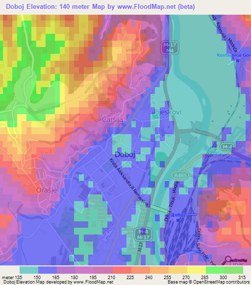 Doboj,Bosnia and Herzegovina Elevation Map
