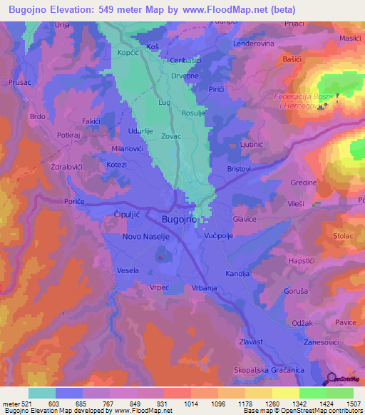 Bugojno,Bosnia and Herzegovina Elevation Map