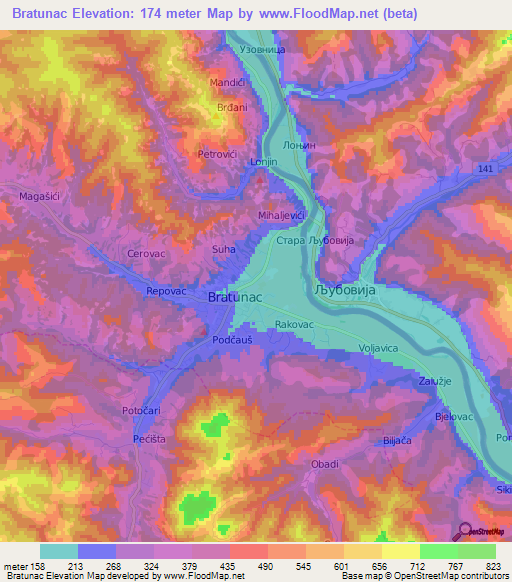 Bratunac,Bosnia and Herzegovina Elevation Map