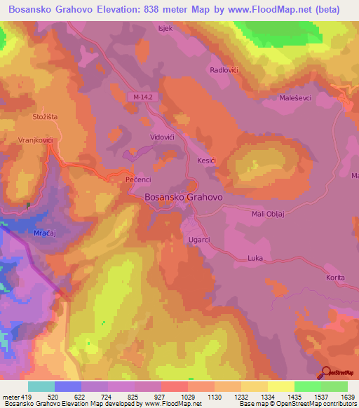 Bosansko Grahovo,Bosnia and Herzegovina Elevation Map