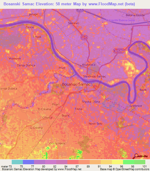 Bosanski Samac,Bosnia and Herzegovina Elevation Map
