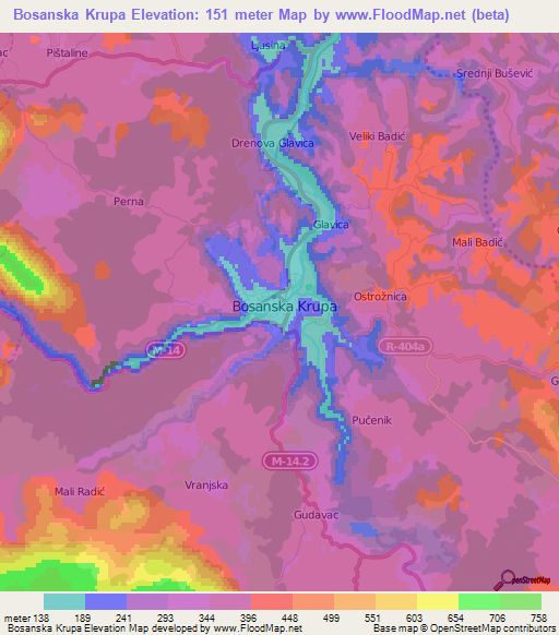 Bosanska Krupa,Bosnia and Herzegovina Elevation Map