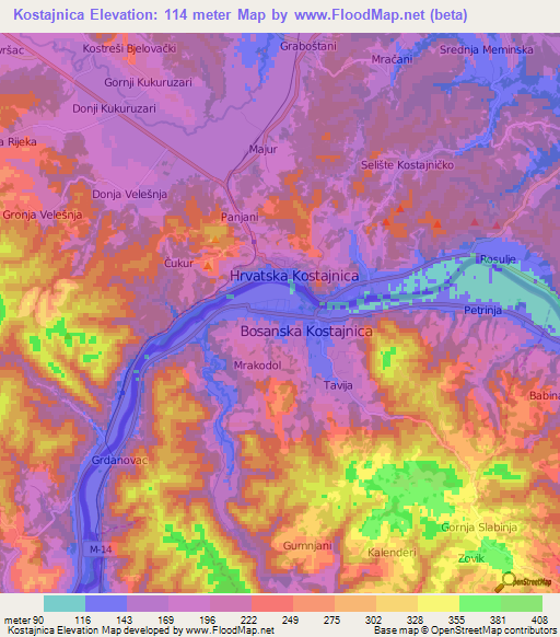 Kostajnica,Bosnia and Herzegovina Elevation Map