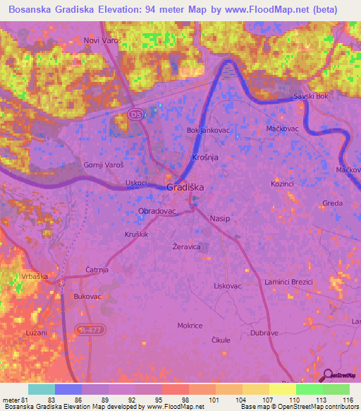 Bosanska Gradiska,Bosnia and Herzegovina Elevation Map