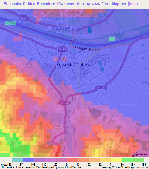 Bosanska Dubica,Bosnia and Herzegovina Elevation Map