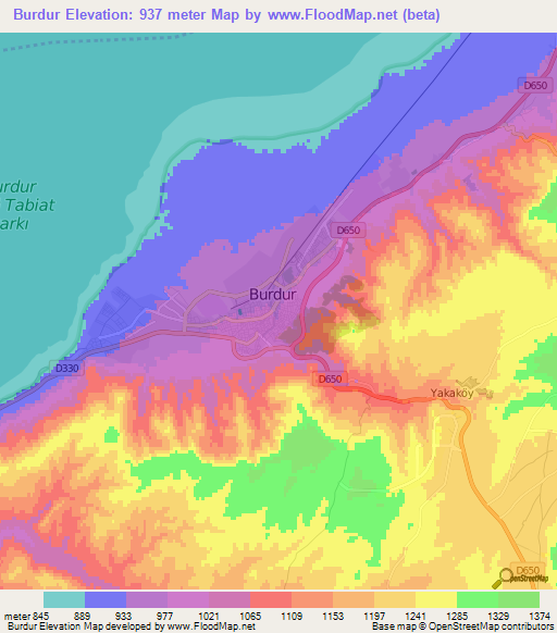 Burdur,Turkey Elevation Map