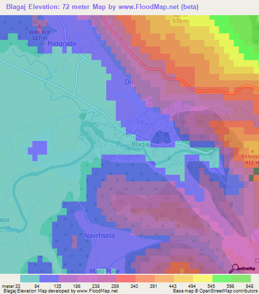 Blagaj,Bosnia and Herzegovina Elevation Map