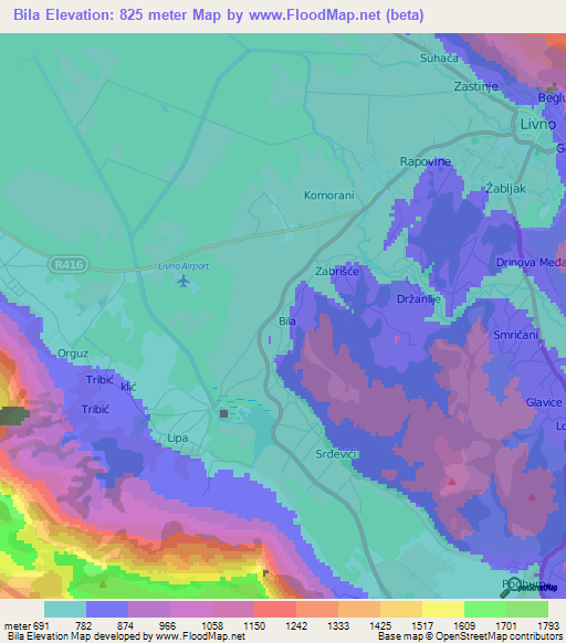 Bila,Bosnia and Herzegovina Elevation Map