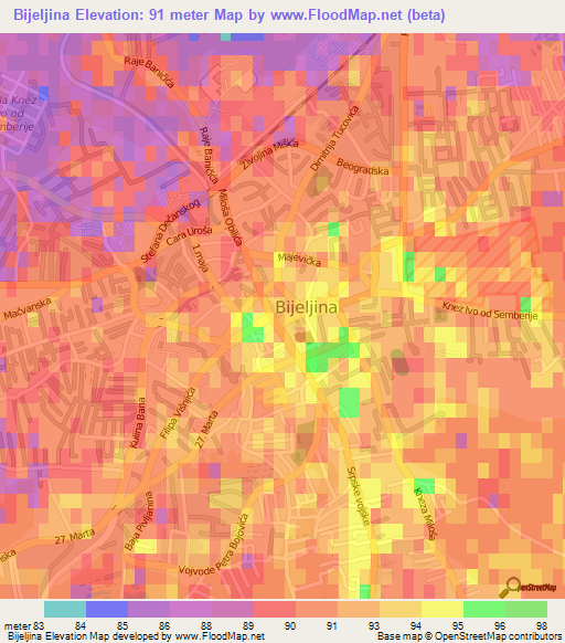 Bijeljina,Bosnia and Herzegovina Elevation Map