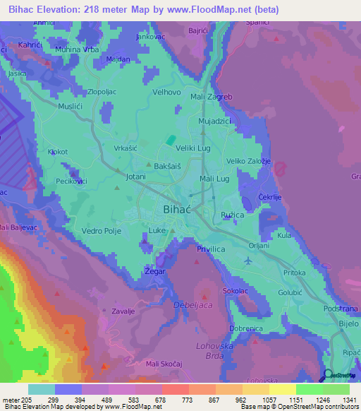 Bihac,Bosnia and Herzegovina Elevation Map