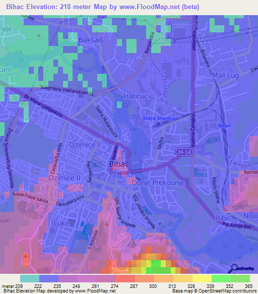 Bihac,Bosnia and Herzegovina Elevation Map