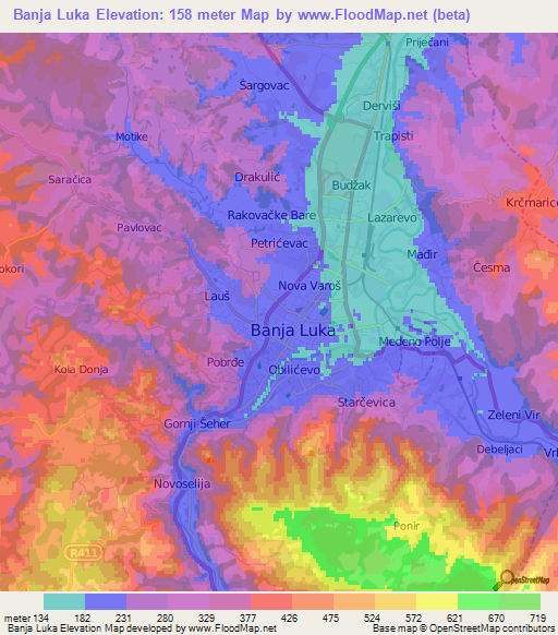 Banja Luka,Bosnia and Herzegovina Elevation Map
