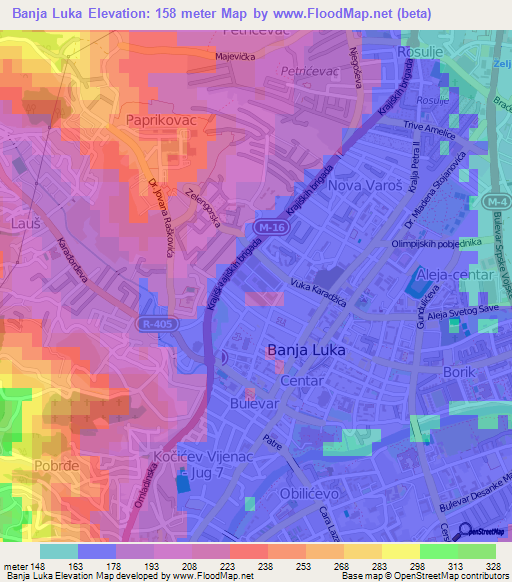 Banja Luka,Bosnia and Herzegovina Elevation Map
