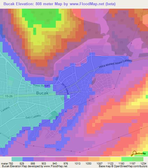 Bucak,Turkey Elevation Map