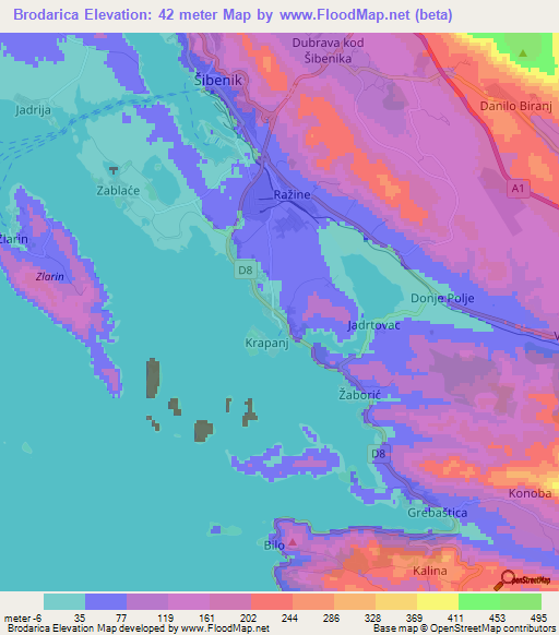 Brodarica,Croatia Elevation Map