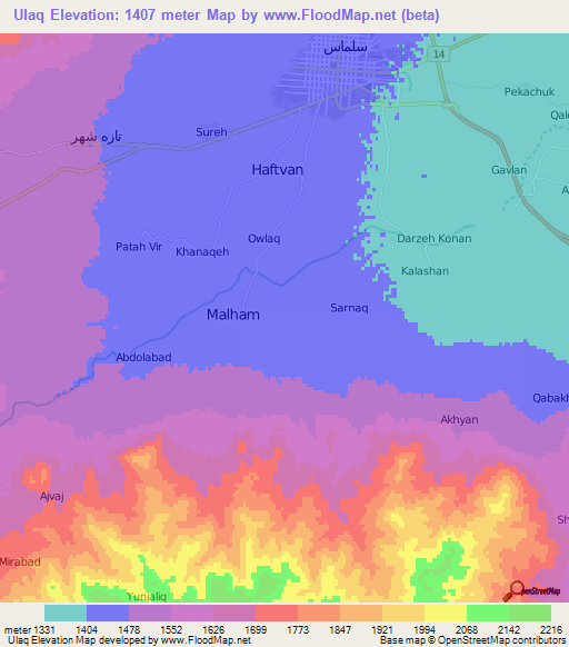 Ulaq,Iran Elevation Map