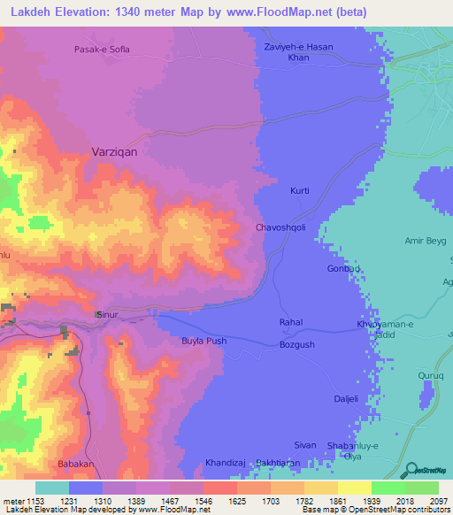 Lakdeh,Iran Elevation Map