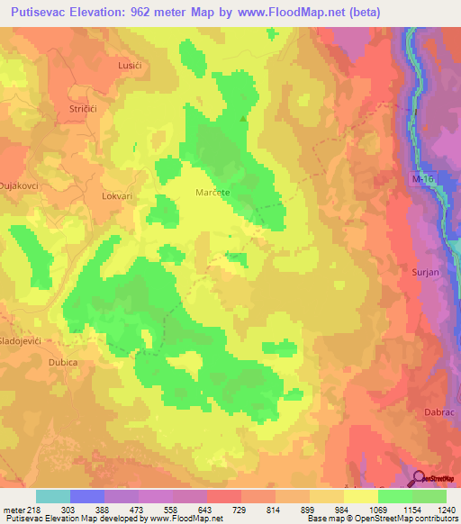 Putisevac,Bosnia and Herzegovina Elevation Map